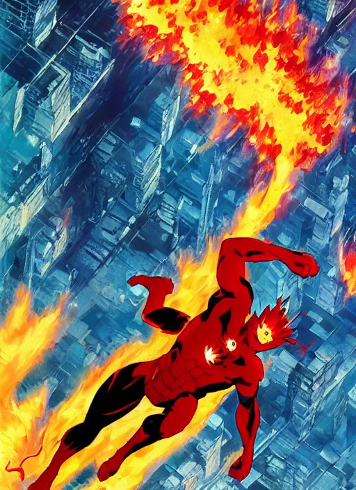 Prompt: anime key visual concept art of marvel human torch, flying above new york city background, by ashley wood, yoji shinkawa, jamie hewlett, 6 0's french movie poster, french impressionism, vivid colors, palette knife and brush strokes, style of makoto shinkai and greg rutkowski, fish eye lens