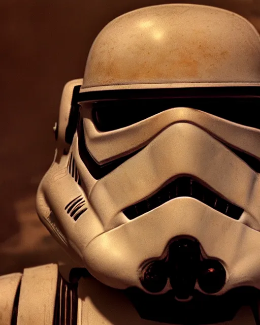 Image similar to star wars film still, closeup portrait of a dirty concept stormtrooper in mos eisley, dust, rim light, embers, hyper detailed, smooth, high contrast, volumetric lighting, george lucas, ralph mcquarrie, doug chiang, ryan church