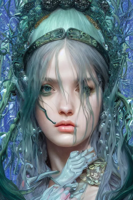 Image similar to Billie Ellish Goddess, cute, fantasy, intricate, elegant, highly detailed, digital painting, 4k, HDR, concept art, smooth, sharp focus, illustration, art by artgerm and H R Giger and alphonse mucha