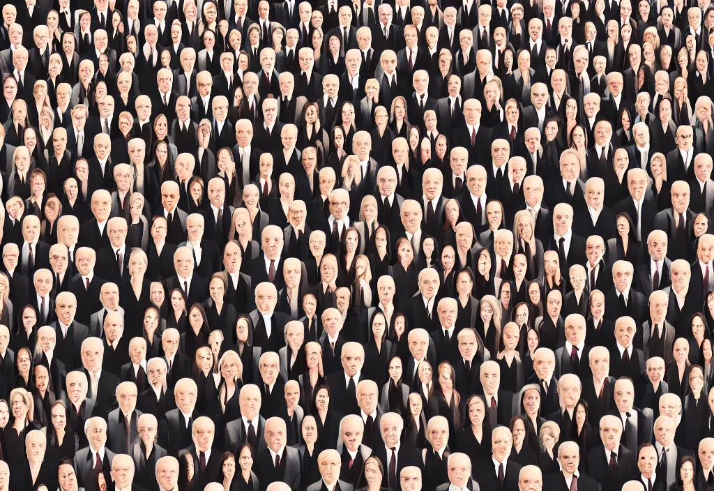 Image similar to 7billion human and each of them with unique face looking at 45 degree angle and waving hands