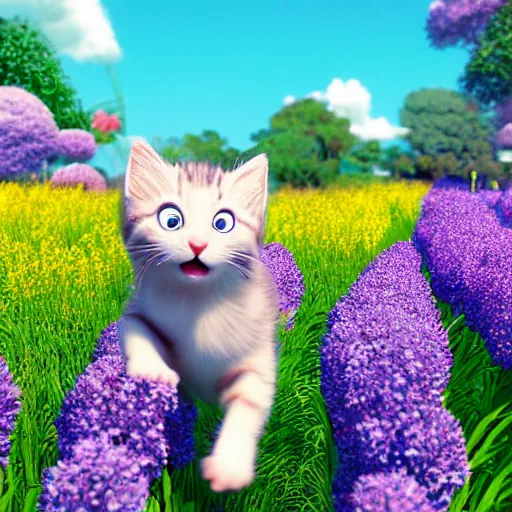 Prompt: manga cover portrait of an extremely cute and adorable happy kitten running in a flower field, summer vibrance, octane render diorama by hayao miyazaki, official studio ghibli still, color graflex macro photograph, pixiv, daz, unreal engine 5