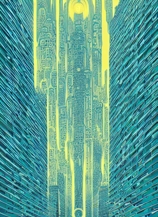 Image similar to drawing of a city with tall buildings, poster art by kilian eng, behance contest winner, psychedelic art, tesseract, dystopian art, parallax