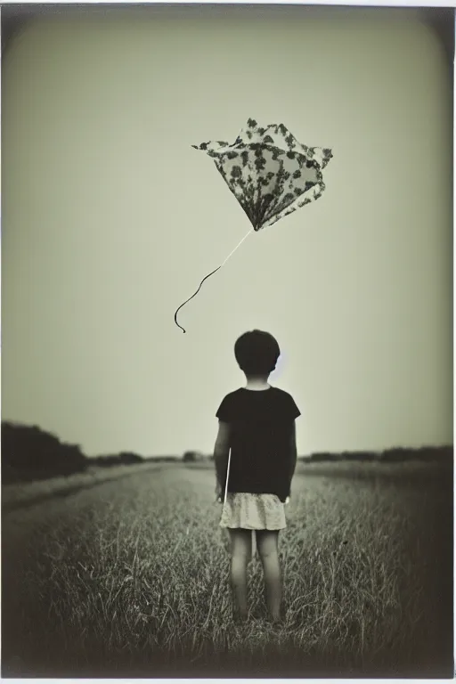 Image similar to photo polaroid of sad and lonely childin the middle of a country road holding the thread of a kite many flowers in the fields , loneliness, black and white ,photorealistic, 35mm film,