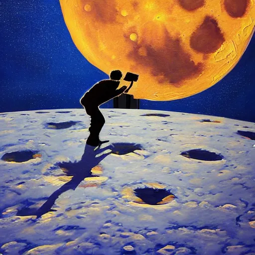 Prompt: Man eating the moon. Award winning painting. Artistic. 4K