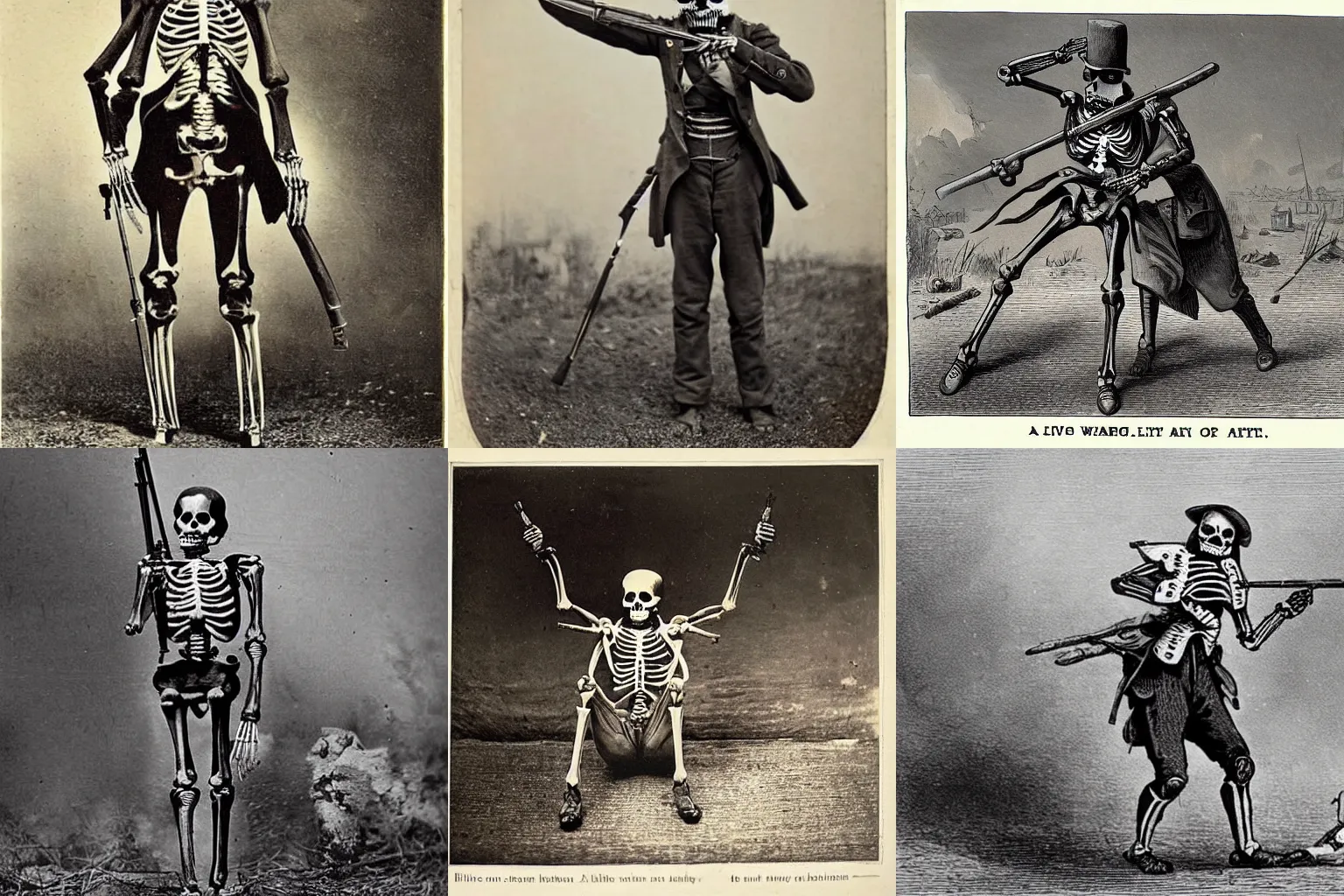 Prompt: a living skeleton fighting in a war, 1 8 7 5, old picture, historical picture, realistic, british uniform, skeleton with gun, dramatic, scary