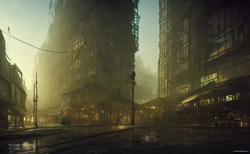 Image similar to inside a dieselpunk city, highly detailed, 8 k, hdr, award - winning, octane render, artstation, volumetric lighting