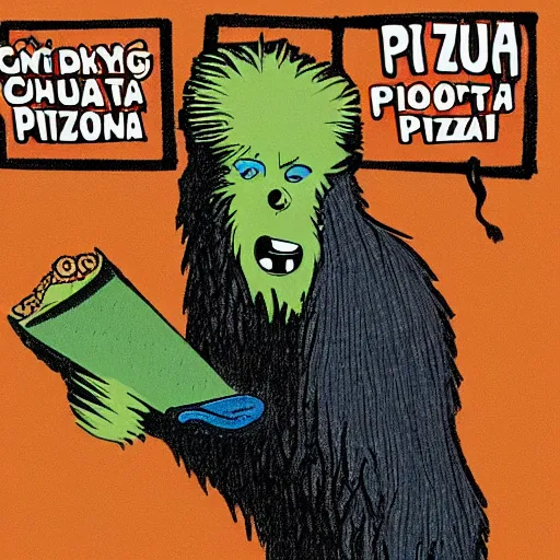 Prompt: bigfoot smoking weed while eating a pizza