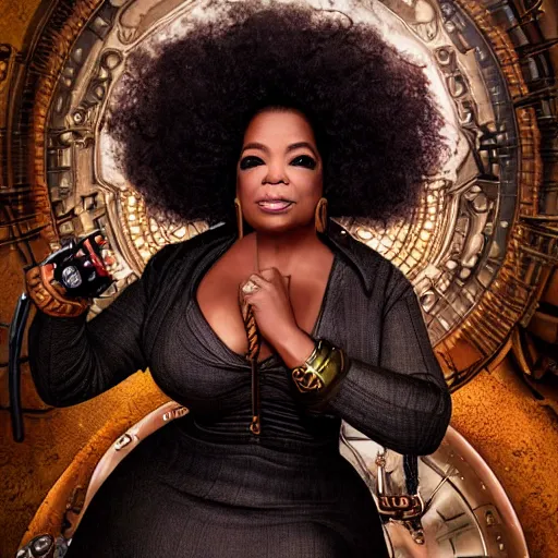 Image similar to oprah winfrey steampunk cyborg, fantasy, sharp focus, contemporary fashion shoot, by edward robert hughes, annie leibovitz and steve mccurry, david lazar, jimmy nelsson, extremely detailed, hyperrealistic, perfect face, octane render