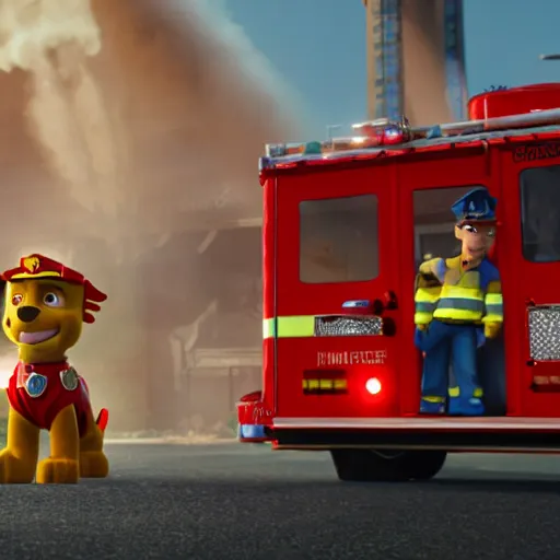 Prompt: marshall standing next to his fire truck holding a water hose in his hands to extinguish the burning paw patrol base in front of him, movie poster, 8 k, trending on artstation, octane render, volumetric smoke and shadows, realistic lighting