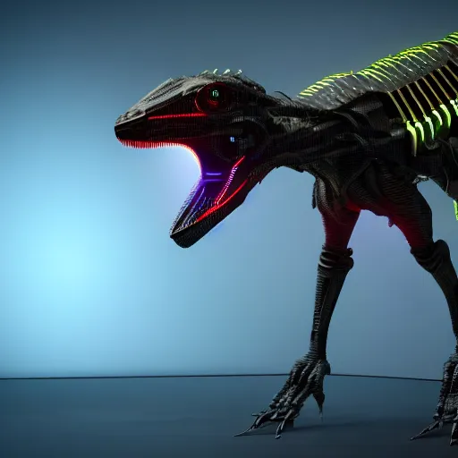 Image similar to a cyberpunk cyborg velociraptor in a lab suit, photorealistic, 3D, 4K, coherent like Dall-E 2