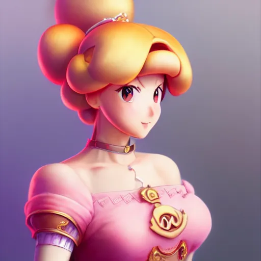 Prompt: 3 / 4 view of a portrait of princess peach, confident pose, genshin impact,, intricate, elegant, sharp focus, illustration, highly detailed, concept art, matte, trending on artstation, anime, art by wlop and artgerm and greg rutkowski, ilya kuvshinov, strong strokes, photo of princess peach h 6 4 0
