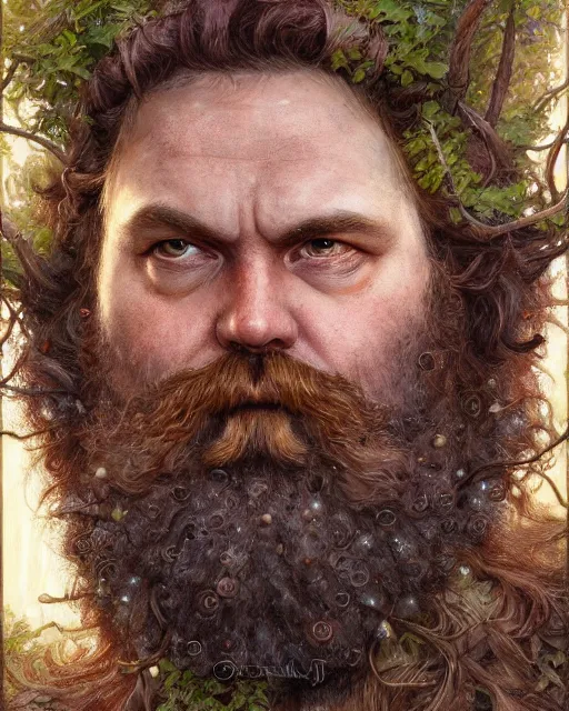 Prompt: patrick rothfuss as forest druid with ram horns and leaves in his beard | highly detailed | very intricate | symmetrical | cinematic lighting | award - winning | closeup portrait | painted by donato giancola and mandy jurgens and charlie bowater | featured on artstation