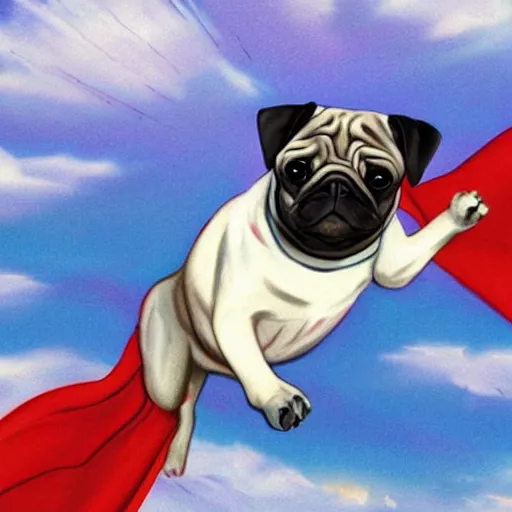 Prompt: a white pug as a superhero flying though the air, hyper realistic, photorealistic