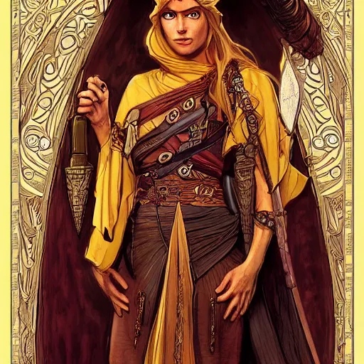 Image similar to Emeth the elven desert bandit. Arabian style. Epic portrait by james gurney and Alfonso mucha (lotr, witcher 3, dnd).