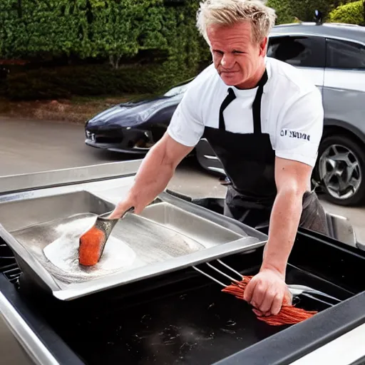 Image similar to <photo hd>Gordon Ramsey cooking spaghetti on the hood of his car</photo>