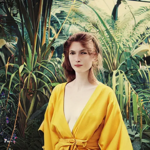 Prompt: candid head to shoulder portrait Polaroid film photograph of an elegant top model wearing a yellow kimono with a very detailed barn owl on her shoulder!!! in a tropical greenhouse. looking at the camera!!. super resolution. Polaroid 600 film. art by Alessio albi and Annie Leibovitz.