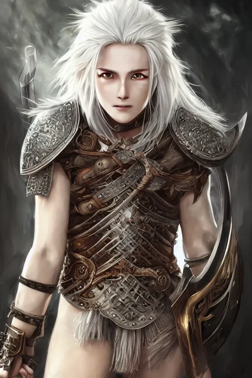 Prompt: A realistic anime portrait of a white haired female barbarian wearing an intricate viking armor, sword wielding, digital painting, by Stanley Artgerm Lau, Sakimichan, WLOP and Rossdraws, digital painting, painterly, Pixiv, Deviantart, golden ratio, rule of thirds, good composition, HD, 8k, award winning, promo art, splash art, rpg, jrpg, dungeons and dragons, DND, trending on ArtStation