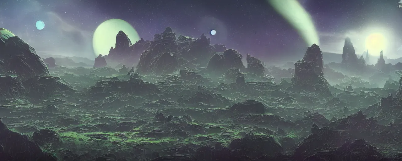 Prompt: retro sci-fi planetary fantasy landscape