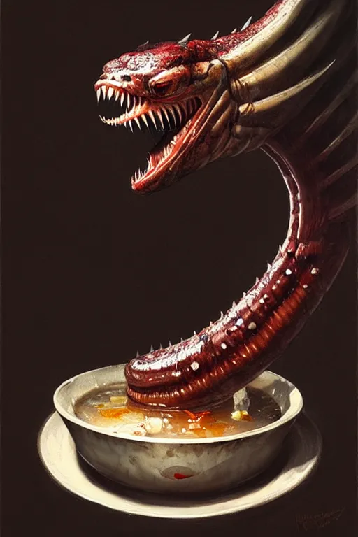 Prompt: greg rutkowski. giant wet drooling toothed worm over a bowl of food