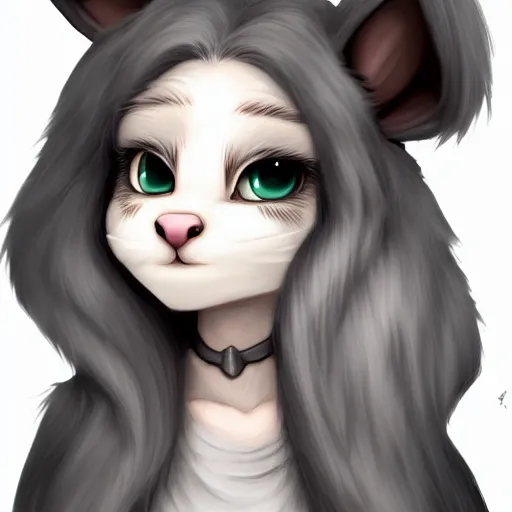 Image similar to 3/4 headshot of young female furry, D&D, cute, fantasy, intricate, long hair, grey skin, mouse face, mouse nose, mouse head, mouse ears, black hair, elegant, highly detailed, cartoony, artstation, concept art, smooth, sharp focus, illustration, art by Diives