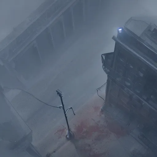 Image similar to playstation 5 screenshot of silent hill, overhead view, realistic, artstation, by greg rutkowski