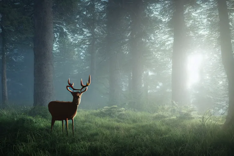 Image similar to a close up of the head of a laser-eyed deer, background of a landscape misty forest scene, the sun glistening through the trees, hyper realistic photograph, octane render 8k, trending on artstation, unreal engine