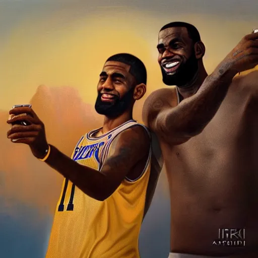 Image similar to beautiful serene intricate portrait of kyrie irving and lebron james taking a selfie, smiling softly, relaxing on the beach, golden hour, soft focus, 8 k, art by irakli nadar, hyperrealism, hyperdetailed, ultra realistic