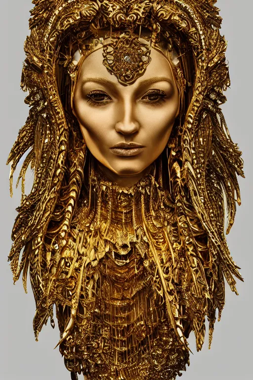 Image similar to sculpture made of gold, portrait, future, shaman, gold, close up, harper's bazaar, vogue, magazine, insanely detailed and intricate, concept art, ornate, luxury, elite, elegant, trending on artstation,