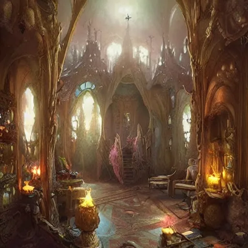 Prompt: a beautiful interior of a fairy castle's hall, wide angle, fully decorated, furnished with fairy furniture, fairy aesthetics, fairy lights, fairycore. concept art by greg rutkowski, elena dudina. high details, soft colour palette, dreamy