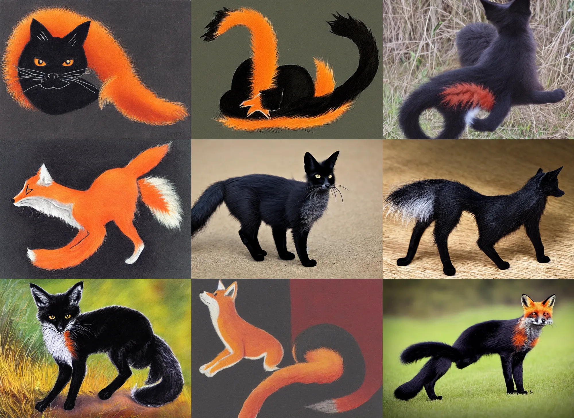 Prompt: black cat with fox tail, hybrid