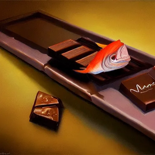 Image similar to a fish laying on top of a chocolate bar. soft, atmospheric, warm lighting. highly detailed digital painting by mandy jurgens.