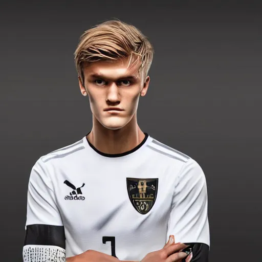 Image similar to a realistic detailed photo of a guy who is an attractive humanoid who is half robot and half humanoid, who is a male android, soccer player martin ødegaard, shiny skin, posing like a statue, blank stare, in a living room, on display, showing off his muscles