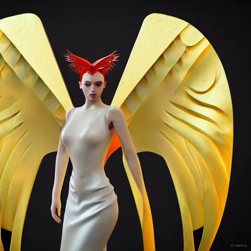 Image similar to fantasy angel with wings inspired avant - garde art, deco fashion, highly detailed, photorealistic portrait, bright studio setting, studio lighting, crisp quality and light reflections, unreal engine 5 quality render