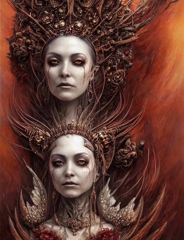 Prompt: a beautiful detailed 3d matte painting of face portrait of female empress of the dead, by ellen jewett, tomasz alen kopera and Justin Gerard, symmetrical features, ominous, magical realism, texture, intricate, ornate, royally decorated, skull, skeleton, whirling smoke, embers, red adornements, red torn fabric, radiant colors, fantasy, trending on artstation, volumetric lighting, micro details, 3d sculpture, ray tracing, 8k
