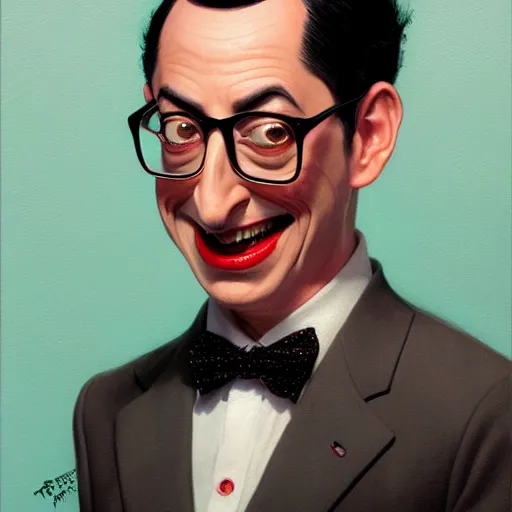 Prompt: Portrait of pee-wee herman, black hair, highly detailed, digital painting, artstation, concept art, illustration, art by greg rutkowski and hajime sorayama