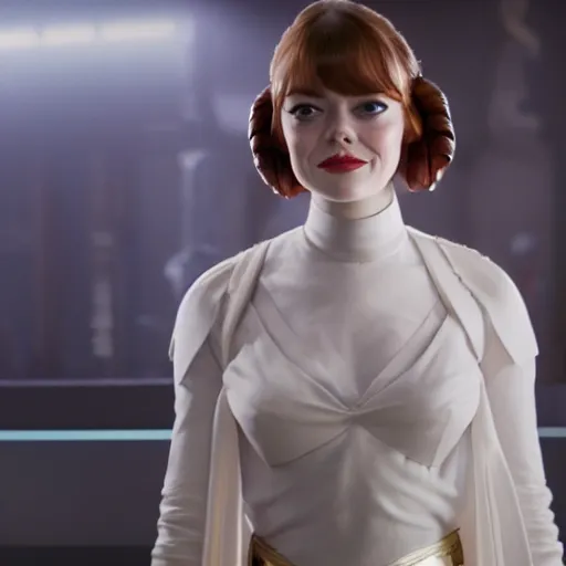 Image similar to Emma Stone as Princess Leia, movie scene, XF IQ4, 150MP, 50mm, F1.4, studio lighting, professional, Look at all that detail!, Dolby Vision, UHD