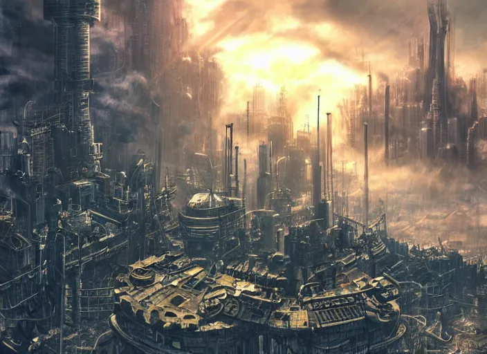 Prompt: dieselpunk landscape of midgar from final fantasy vii during daytime