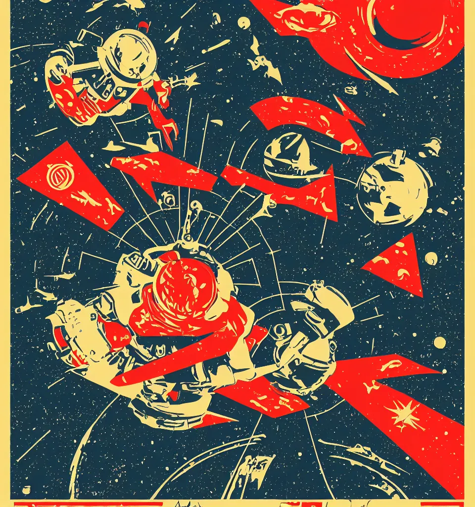 Prompt: a propaganda style poster for space travel. in the style of Shepard Fairey.