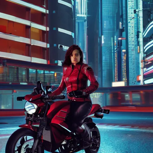 Prompt: A film still of a female terminator holding a kinfe and riding a red sports bike in a cyberpunk city