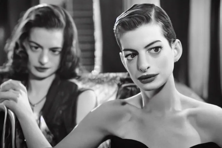 Image similar to beautiful medium shot of anne hathaway in a film noir ; grainy black and white movie still