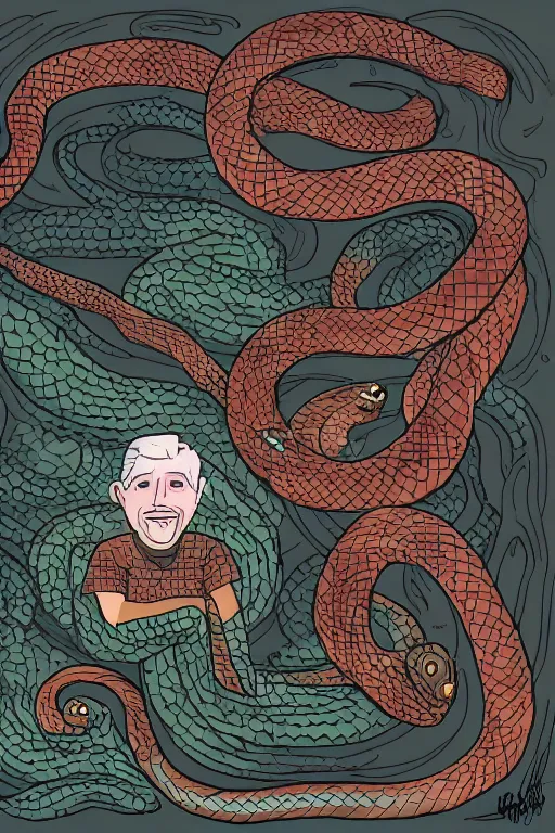 Prompt: a schaman talking with snakes, digital art