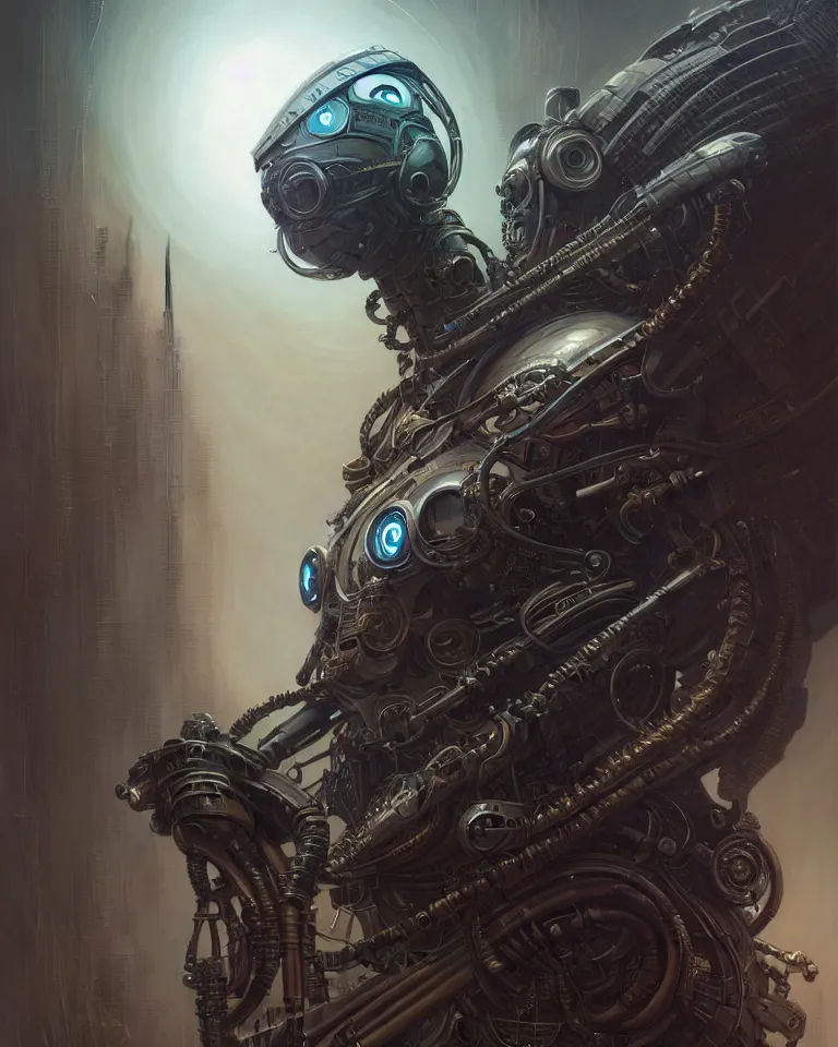 Image similar to low angle shot of a cyberpunk robot character, intricate, elegant, highly detailed, centered, digital painting, artstation, concept art, smooth, sharp focus, illustration, artgerm, tomasz alen kopera, peter mohrbacher, donato giancola, joseph christian leyendecker, wlop, boris vallejo