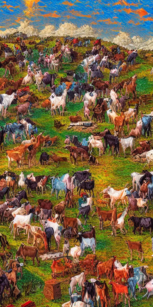 Image similar to a herd of goats in a tall citadel, colorful, beautiful, highly detailed digital painting