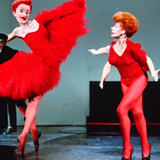 Prompt: Gwen Verdon dances on stage in a red dress