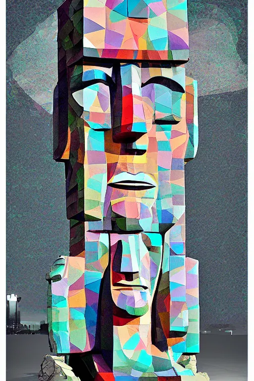 Image similar to cubist moai statue cutout digital illustration cartoon colorful beeple