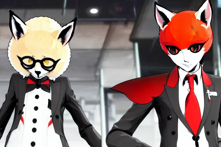 Image similar to in the persona 5 : royal ( by atlus ) video game casino level, a furry male sandcolored tan fox fursona ( has hair ), persona 5 phantom thief style