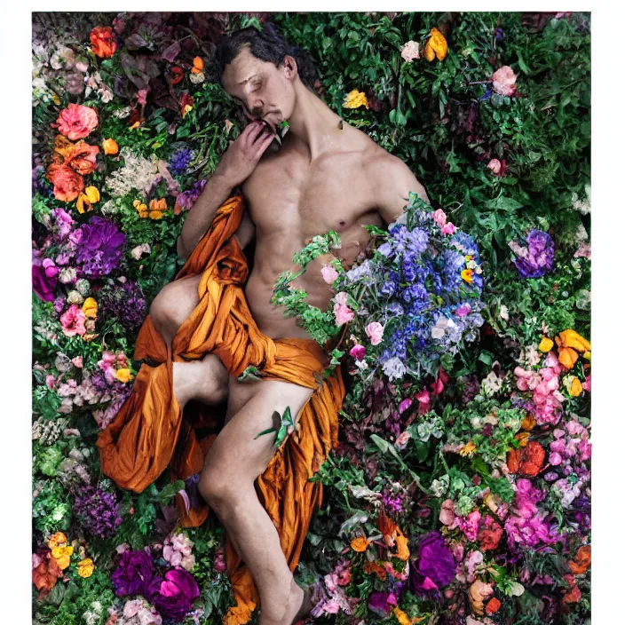 Prompt: a satyr wearing a cloak made of flowers, by Omar Z. Robles, CANON Eos C300, ƒ1.8, 35mm, 8K, medium-format print