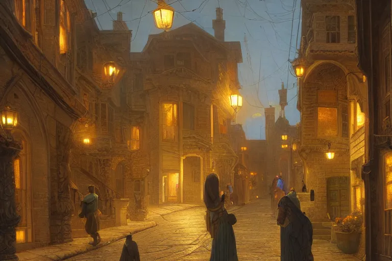 Prompt: winding street at midnight in a very old very beautiful city by George Price Boyce and Donato Giancola and William Dyce, glowing paper lanterns, strong dramatic cinematic lighting , ornate tiled architecture, lost civilizations, smooth, sharp focus, extremely detailed, trending on artstation, by Noah Bradley