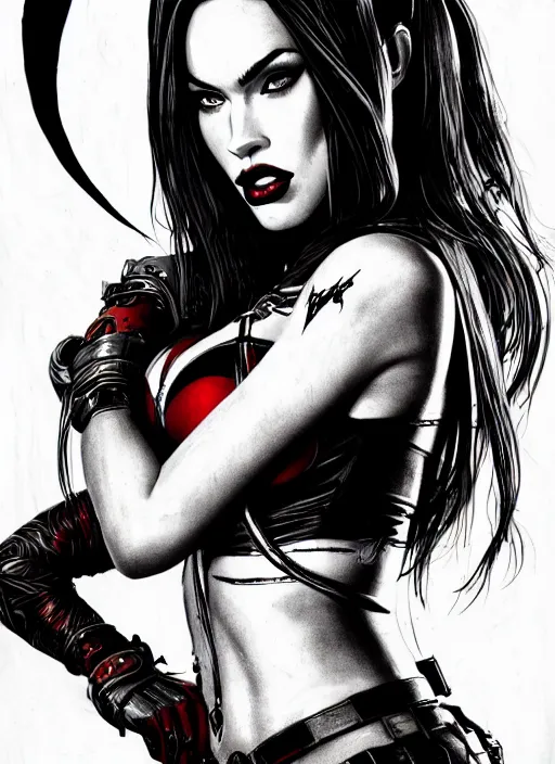 Image similar to concpet art, full shot, traditional ink, sketch, of megan fox as harley quinn, line sketch, intricate, elegant, highly detailed, monochrome, digital painting, artstation, concept art, blue, black, red ink sharp focus, illustration, art by borderlands 3 and peter polach