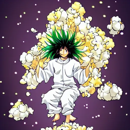 Image similar to fluffy exploding popcorn elemental spirit, in the style of a manga character, with a smiling face and flames for hair, sitting on a lotus flower, white background, clean composition, symmetrical